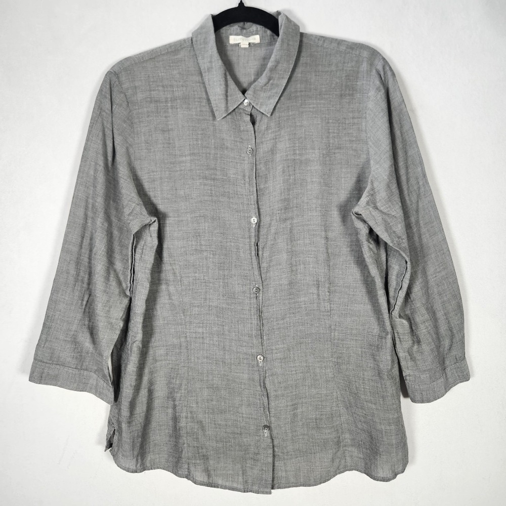 Eileen Fisher Top Women's L Grey Cotton Cupro Button Up Shirt Minimalist Peasant